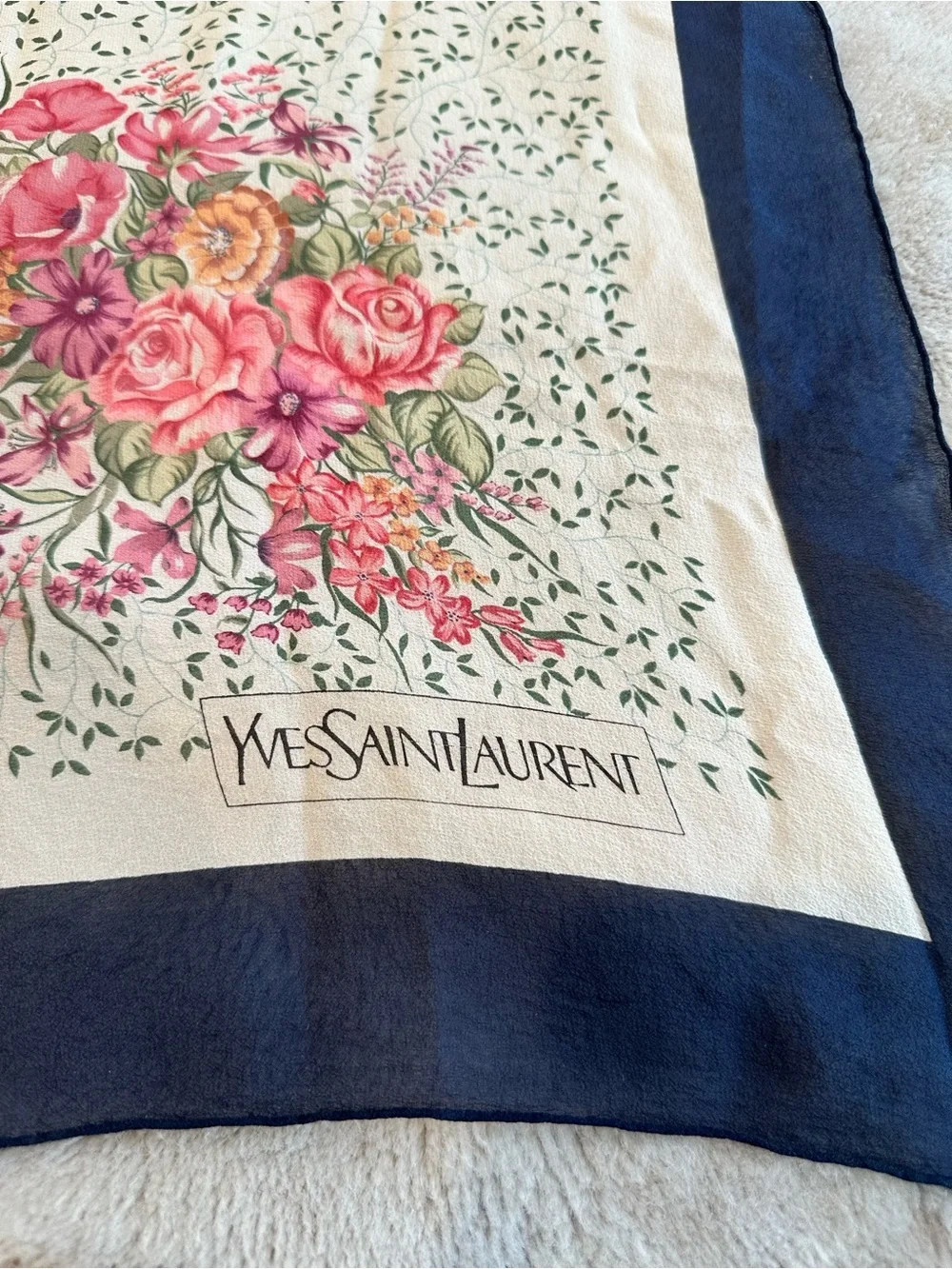 Yves Saint Laurent Cream Silk Scarf with Pink Floral & Navy Border